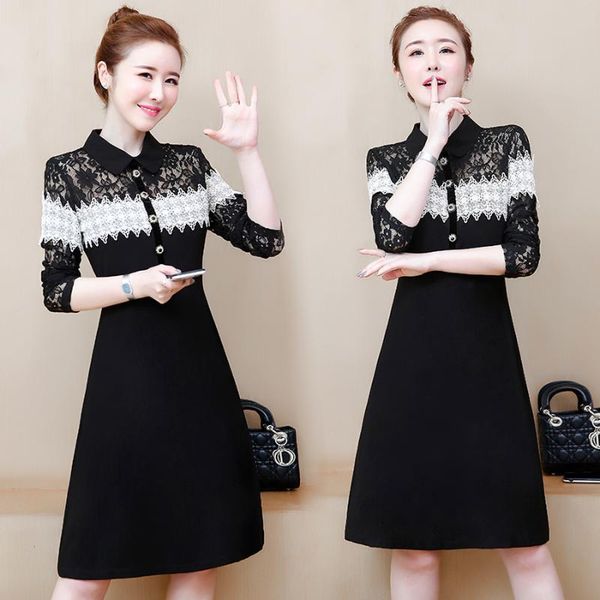 

casual dresses 2021 vintage black lace midi dress autumn winter 5xl plus size solid long sleeve elegant women bodycon party vestidos, Black;gray
