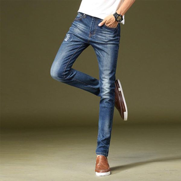

men's jeans four seasons slim-fit youth mid-waist trousers, Blue