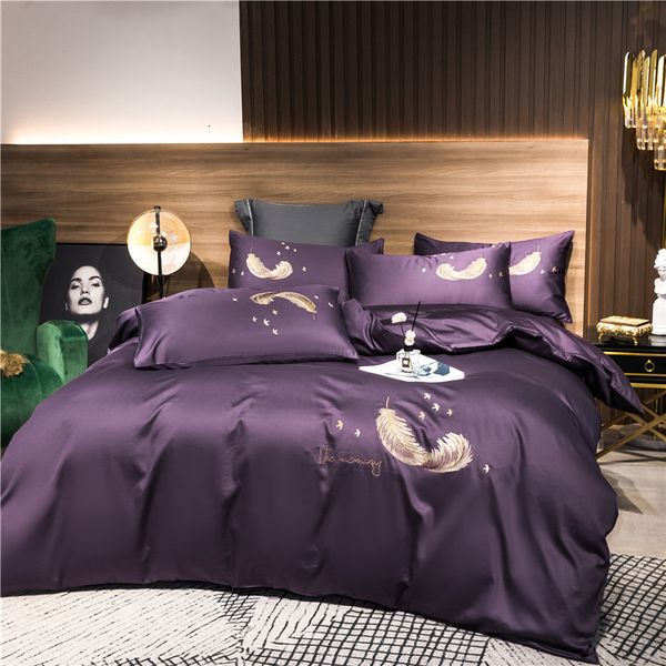 

60 thread satin embroidered four piece set, simple 100 % cotton bed sheet, quilt cover and bedding