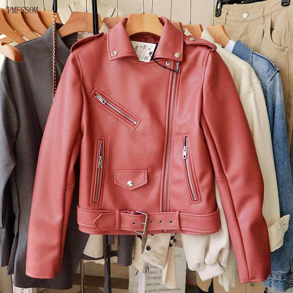 

spring woman faux leather turn-down pink collar short coats women casual motorcycle classic style pu jacket 210513, Black