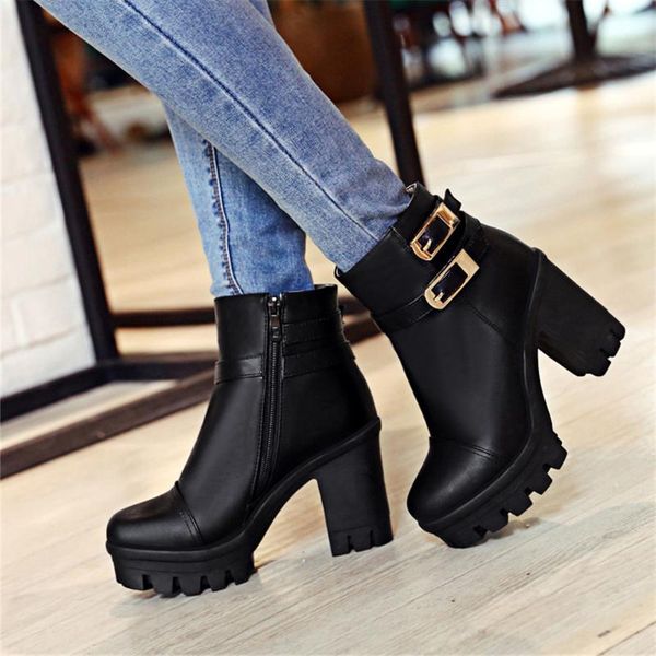 

boots dilalula big size 33-43 square high heels ankle women belt buckle zip platform autumn winter female shoes, Black