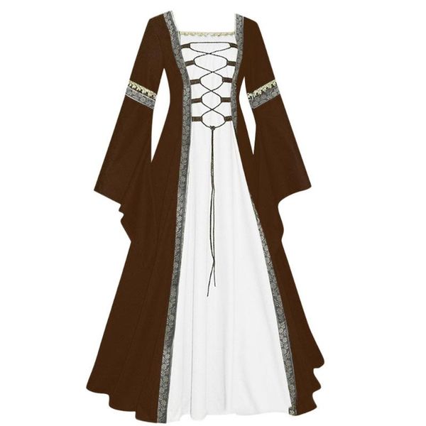 

ladies medieval retro style trumpet sleeve slim drawstring lace vintage floor length gothic cosplay patchwork dress casual dresses, Black;gray