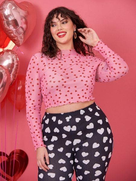 

plus mock neck lettuce trim heart mesh without bra y7rd#, Black