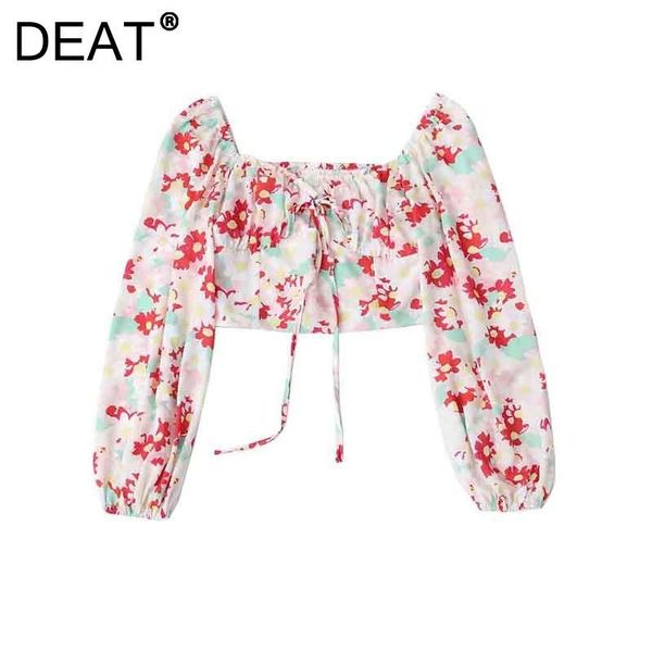 

women's blouses & shirts [deat] 2021 summer fashion tide square collar long sleeve elasticity drawstring printing elegant shirt women, White