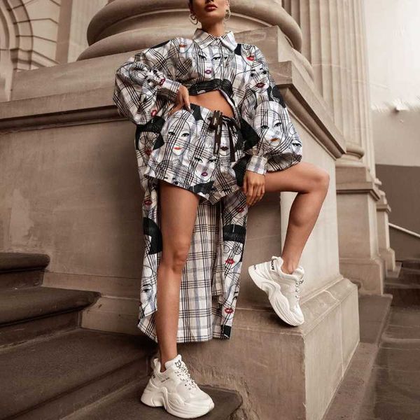 

women's tracksuits rmsfe 2021 spring fashion casual printing long sleeve lapel single breasted shirt and shorts women two piece set, Gray