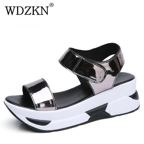 

dress shoes wdzkn 2021 summer women sandals open toe wedges heel mirror pu leather casual platform black blue1