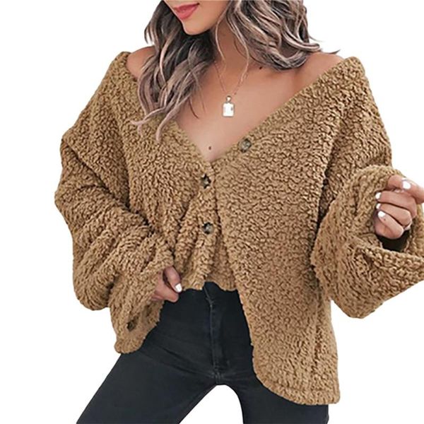 

women's jackets women button down fleece jacket coat winter warm long sleeve deep v neck solid color oversized sweatshirt plush 2021, Black;brown