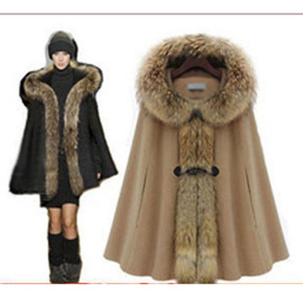 

women's wool & blends women fashion detachable real fur collar poncho coat with very warm lining elegant cloak overcoat hc152, Black