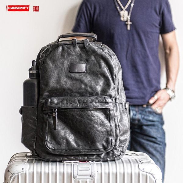 

backpack retro genuine leather men's lapbag male soft black travel backpacks trend large capacity school