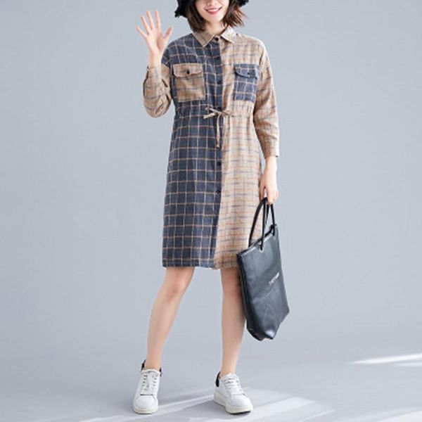 

casual dresses long sleeve cotton linen vintage plaid plus size women loose midi autumn shirt dress elegant clothes ladies rb143, Black;gray