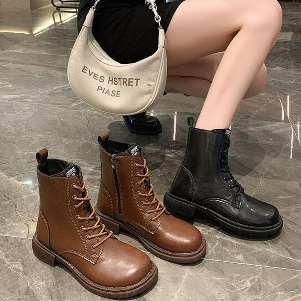 

boots 2021 fashion women's korean style square heel lace-up ankle low-heel mid-tube motorcycle sell, Black