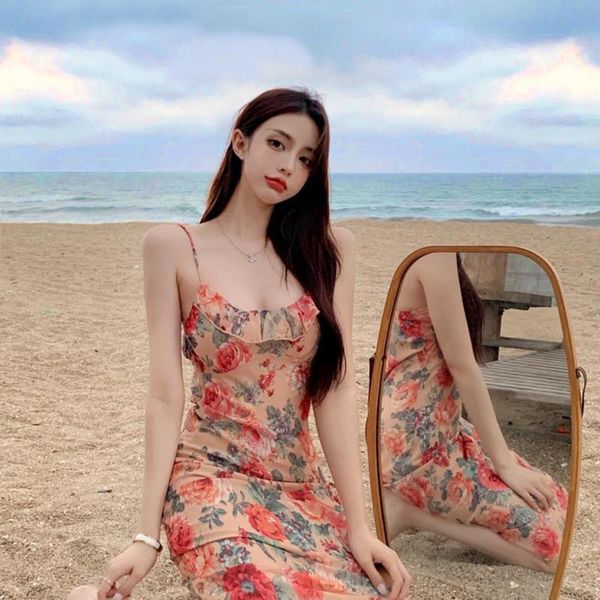 

white xianmei printed holiday dress suspender skirt slim summer, Black;gray