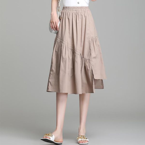 

summer arrivals simple solid color elastic high waist slim casual loose irregular women a-line long skirt skirts, Black