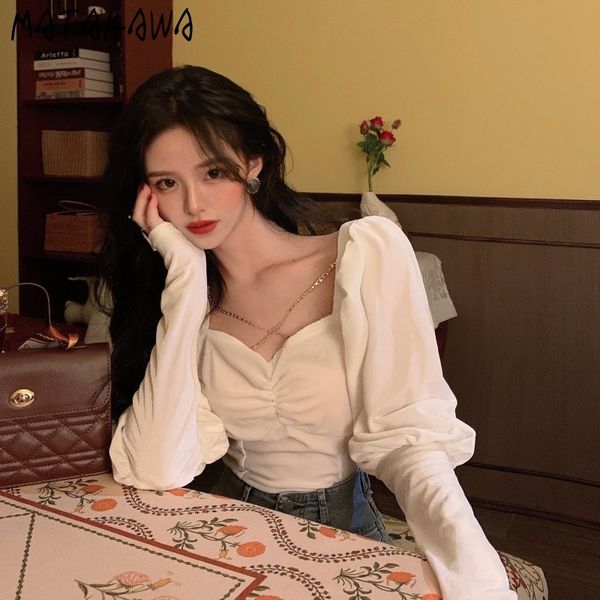 

matakawa french puff sleeve slim white blusas long sleeve inner ladies shirt spring wild v-neck women's blouses 210513