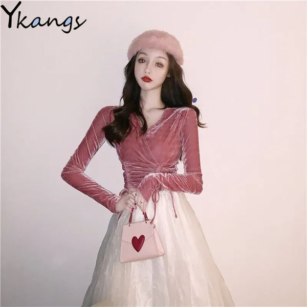 

v-neck velvet pullover t-shirt spring women long sleeve crop lace up short clothes korea style fashion streetwear 210421, White