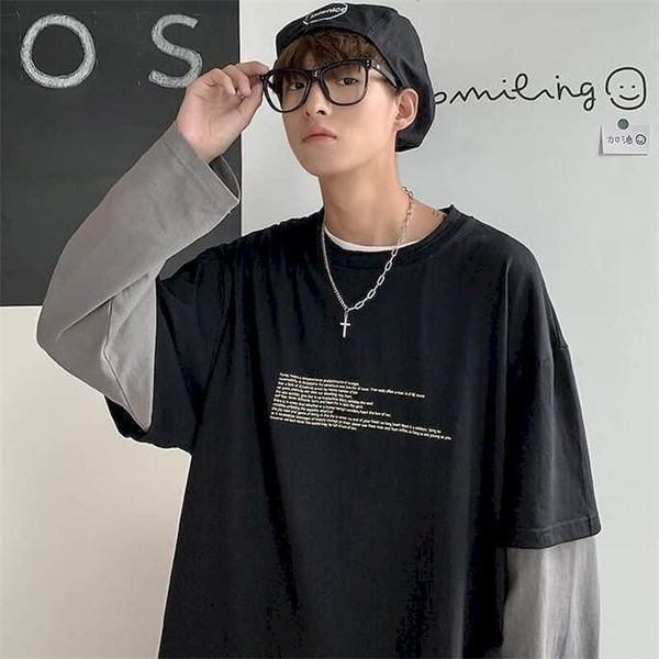 T-shirt a maniche lunghe da uomo in cotone autunno falso in due pezzi studenti maschi stile coreano abiti larghi alla moda nell'abbigliamento maschile giovanile 210409
