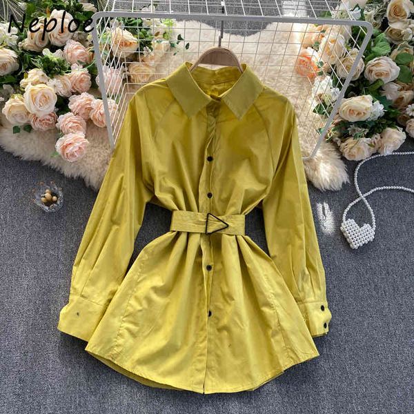 

neploe turn-down collar chic covered button shirt dress autumn drawstring slim fit vestidos new elegant mini dresses women 210423, Black;gray