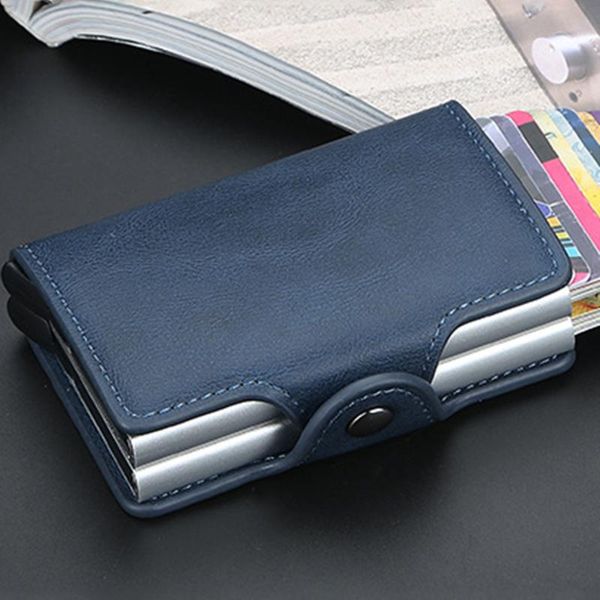 

card holders men business aluminum cash id holder slim metal pu leather cardholder anti-thief case bag, Brown;gray
