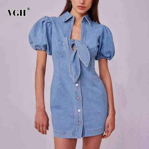 

vgh hollow out bowknot dress for women lapel puff short sleeve high waist button mini dresses female fashion clothing style 210421, Black;gray