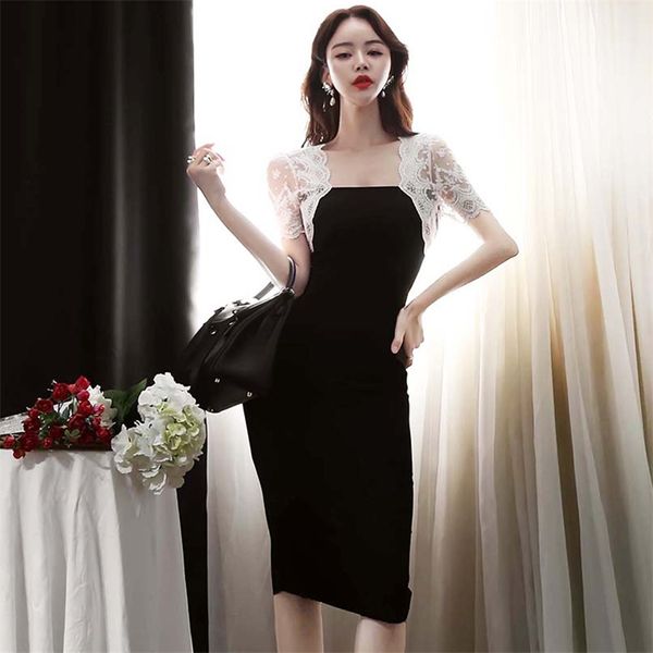 Spitze Schwarz Enges Kleid Koreanische Damen Sexy Kurzarm Square Neck Büro Bodycon Kabarett Party Kleider für Frauen 210602