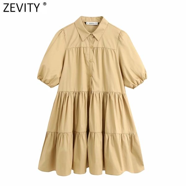 

2021women simply solid color casual white shirtdress office lady puff sleeve pleats vestidos chic leisure big swing dresses ds3438, Black;gray