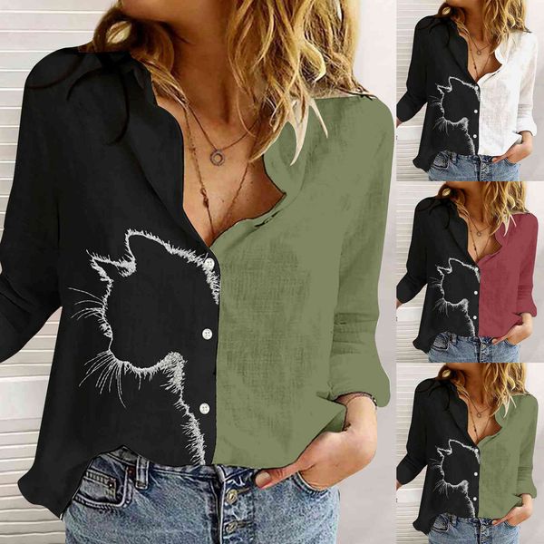 

2021 lapel color matching long sleeve printed shirt for women, White