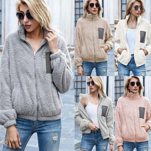 

women's jackets autumn winter fashion plush double-sided fleece cardigan jacket loose color-blocking zip sweater casual outerwear, Black;brown