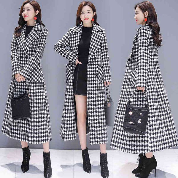 

women's wool & blends woolen coat female long houndstooth ladies cloak big size m-4xl autumn winter thicken loose lapel high quali, Black