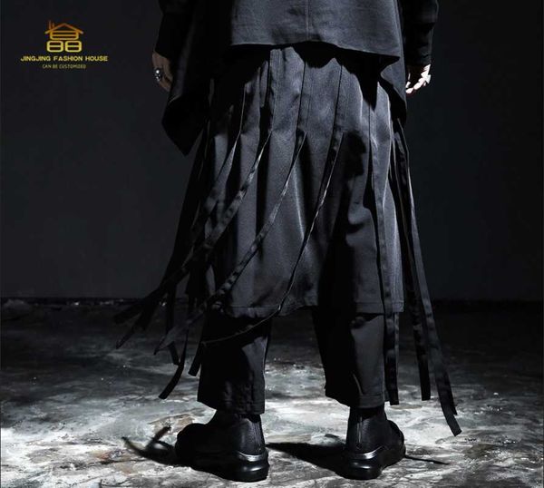 

men's pants 27-44korean version of the fashion men loose wide leg fringe skirt play a large size nine minutes, Black