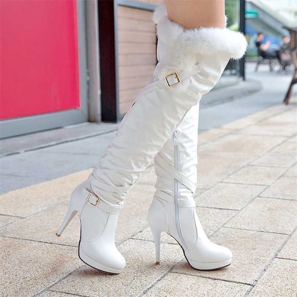 

spring thigh high boots platform winter women over the knee suede long heels fur plush wedge shoes woman 211105, Black