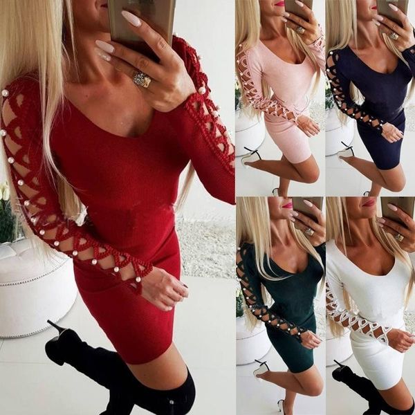 

elegant women's spring and autumn slim v-neck long sleeve dress hook flower hollowed out beaded buttock casual dresses, Black;gray