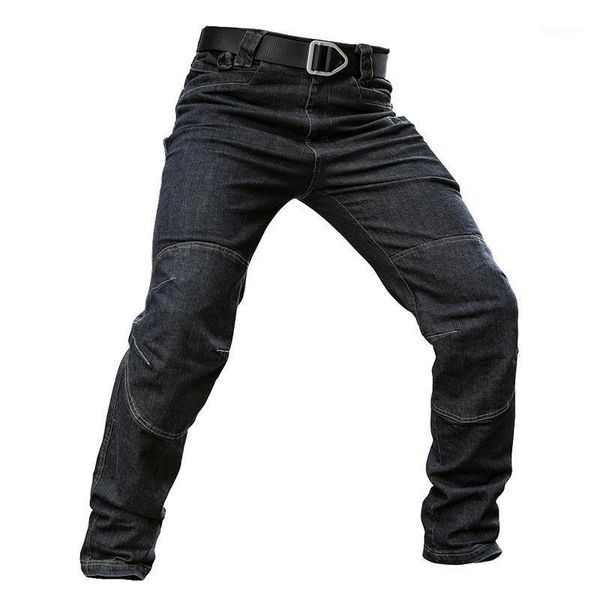 

spring men tactical denim pants stretchy jeans trousers comfortable multi pockets strengthen knee training 2xl men's, Blue
