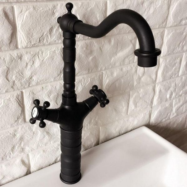 

bathroom sink faucets tall black oil rubbed brass swivel spout double cross handles kitchen bar vessel basin faucet mixer tap anf345