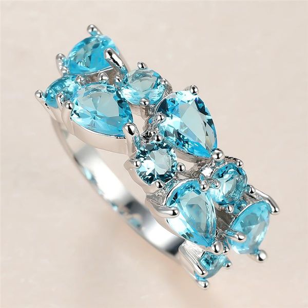 

wedding rings cute female aqua blue crystal stone ring charm silver color for women promise bride water drop engagement, Slivery;golden