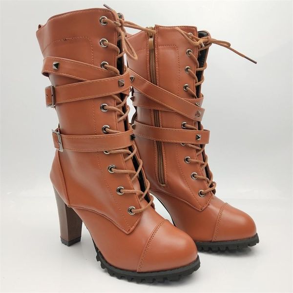 

boots women's autumn high belt buckle front tie 35-43 fashion, Black