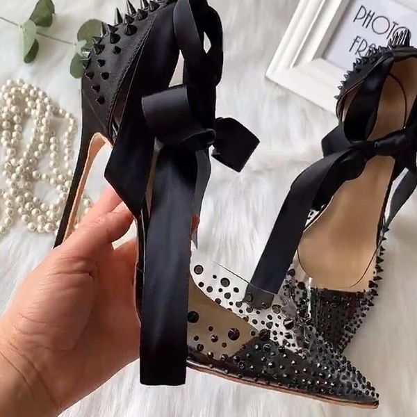 

dress shoes rivet crystal women pumps pvc clear fashion satin high heels pointed toe ankle strap lace up party, Black