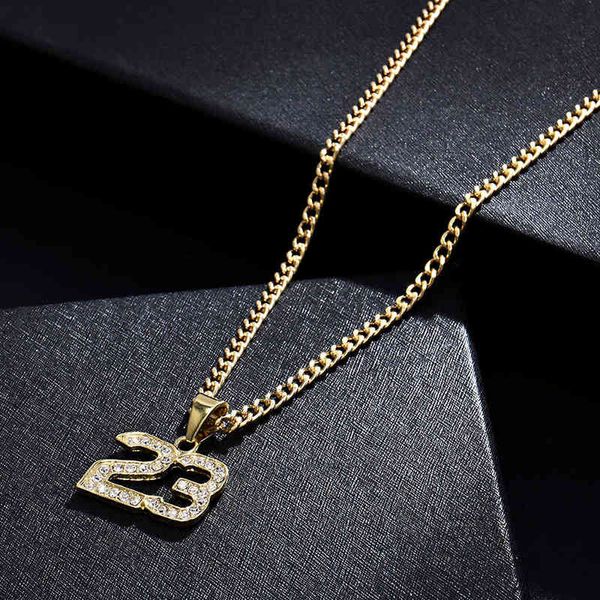 Nova chegada Crystal Hip Hop Basquete Legenda Número 23 Colares Pingentes Bling Gold Cuban Chain Colar de jóias para homens G1206