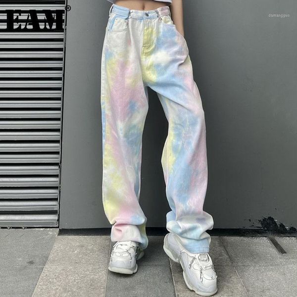 

women's jeans women's [] tie dye buckle high waist wide leg denim loose women full length trousers fashion tide spring summer 2022, Blue