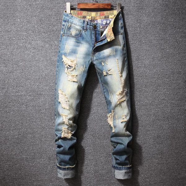 

men's ripped jeans fall personality trend slim straight classic hip hop style denim, Blue