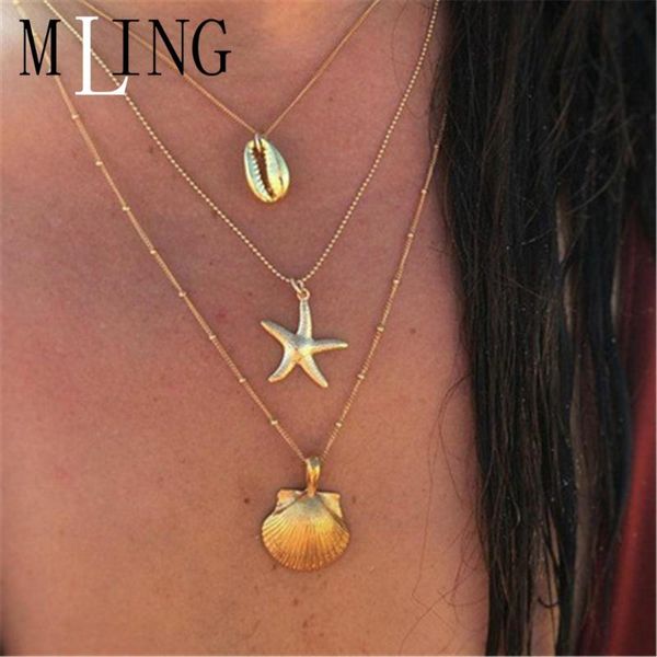 

pendant necklaces mling bohemian shell starfish scallop necklace for women gold multi layer choker jewelry gifts, Silver