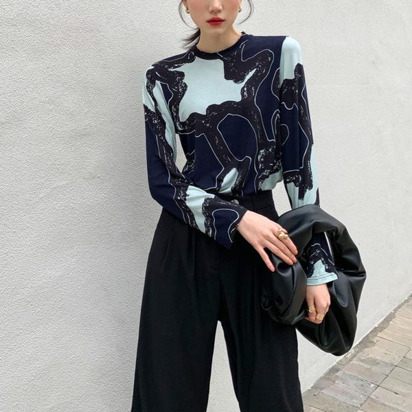 

women's t-shirt abstraction print long sleeve women elasticity tshirt crewneck t shirt ladies designer crew neck bodycon tee c493, White