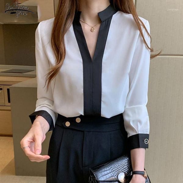 

women's blouses & shirts 2021 white long sleeve chiffon autumn casual v-neck blouse women solid ladies pullovers blusas 11189