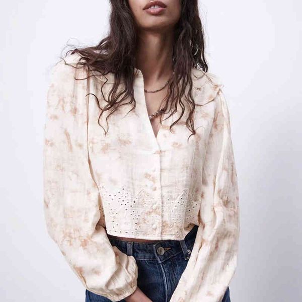 

za summer women tie dye blouse long puff sleeve peter pan collar female loose thin casual sweet girls shirt 210422, White