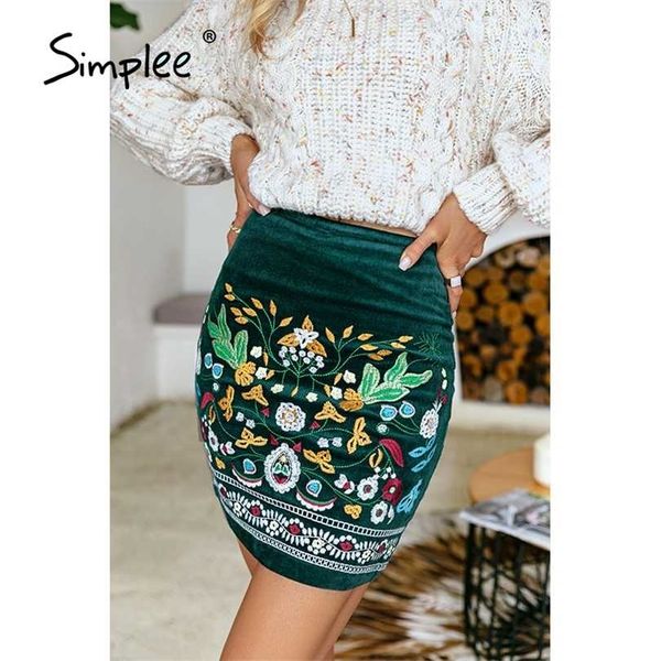 

vintage high waist skirts bottom boho pencil corduroy winter female embroidery autumn green mini 211214, Black