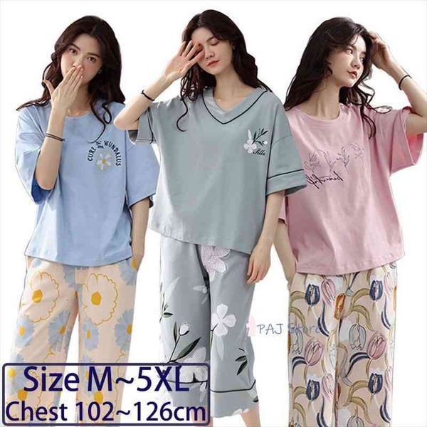 

large size pajamas cotton sets women sleepwear home suit summer pajama with shorts trouser suits pijama mujer pyjamas 4xl 5xl, Black;red