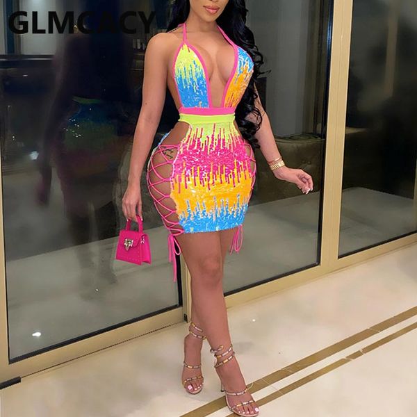 

women backless halter dress colorful sequined bodycon dresses casual, Black;gray
