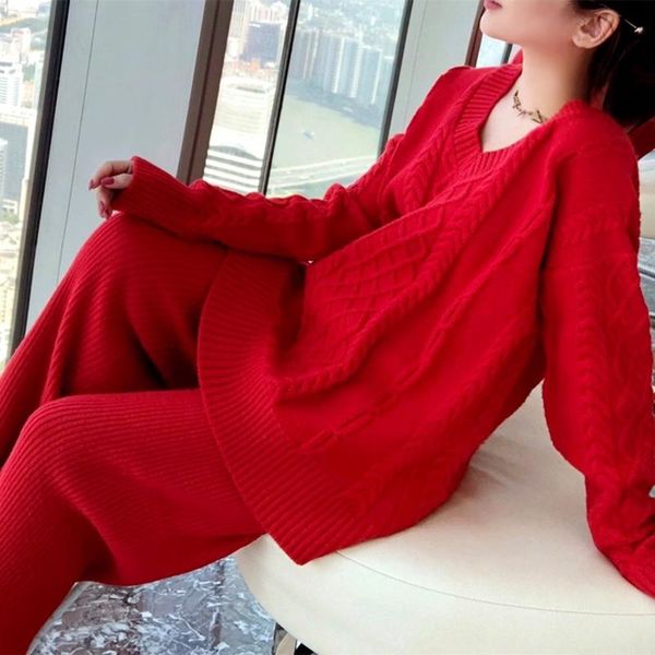 

women's two piece pants autumn winter fashion thicken warm knitted pullover sweater two-piece suits +high waist loose wide leg set, White