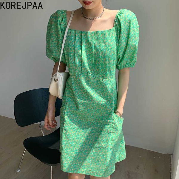 Korejpaa Frauen Kleid Sommer Korea Chic Westlichen Stil Elegante Quadratische Kragen Floral Geprägte Taille Tasche Puff Sleeve Vestido 210526