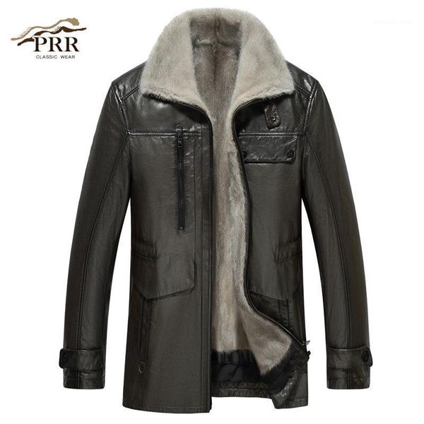 

men's leather & faux haining mink coat male fur whole inner liner sheep integrated jacket, Black