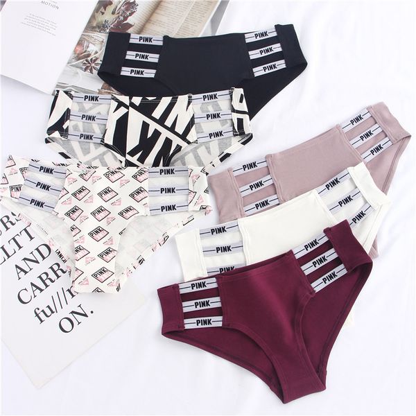 

women briefs ribbon pink letters print low waist hollowing fashion thongs shorts t-back fitness triangle pantie, Black;pink